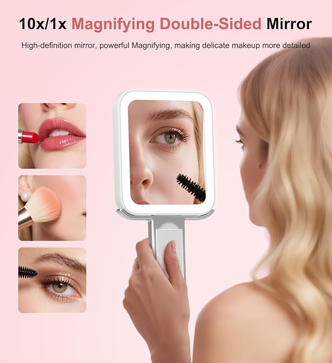 Travel Makeup Mirror with Lights 10X/1X Double-Sided Magnifying LED Beauty Mirror Rechargeable Portable Vanity Mirror with 3 Color Lighting Smart Touch Dimming Desktop Handheld Hanging (Silver)