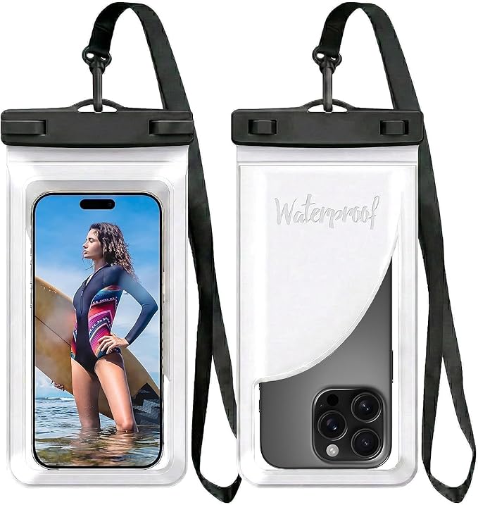 Waterproof Phone Pouch, with Interior Card Pocket, Large Waterproof Phone Case for iPhone 17 16 Pro Max, IPX8 Lightweight Cellphone Dry Bag, Beach Cruise Ship Essentials,1 Pack-White-8.3″