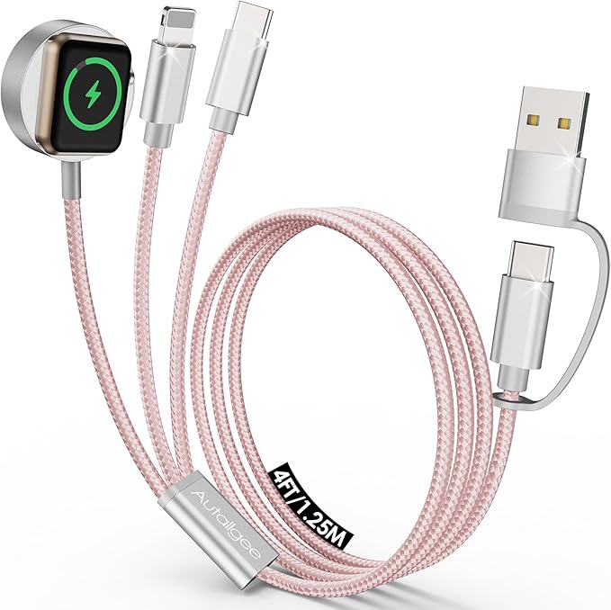 Travel Essentials,Multi Charging Cable for Apple Watch Charger/iPhone Charger/Samsung Charger,Airplane Gadgets RV Essentials for iWatch Ultra/10-2/iPhone 17-11/Samsung S25-S20,airPods,Car-4FT Pink