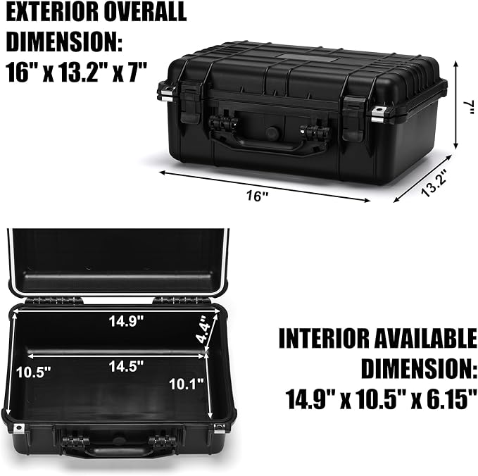 Mayouko 16" Waterproof Plastic Toolbox with Foam Insert, 16" x 13.2" x 7", IP67 Lockable Storage Box, Customizable Foam, Shockproof Hard Case Weatherproof Container, Protective Hard Camera Case