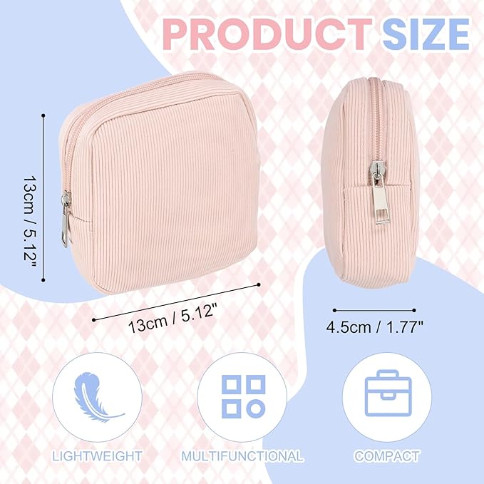 uxcell Period Bag for Teen Girls Women, Portable Corduroy Sanitary Towel Compact Cute Pouch with Zippers, Small Pouch Napkin Storage Pads Holder for Travel, Daily Use, Purse, Pink