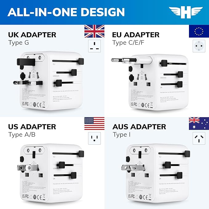 Hero International Travel Power Adapter – Universal Plug for Europe, UK, US, Asia, AUS, 100+ Countries | 2 USB-C & 1 USB-A