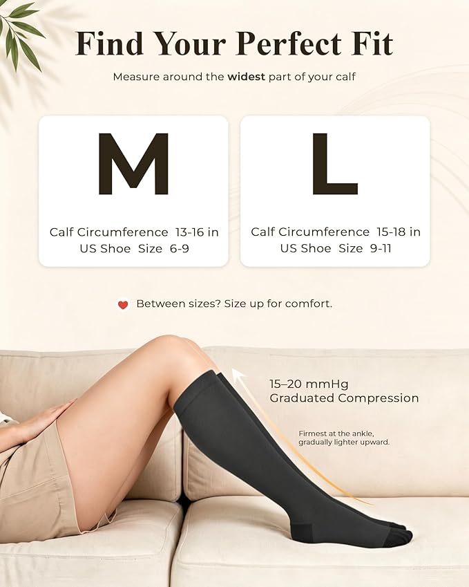 Compression Socks for Women 15-20 mmHg, Viscose from Bamboo, 3-Pair Knee High for Flying, Work & All-Day Comfort