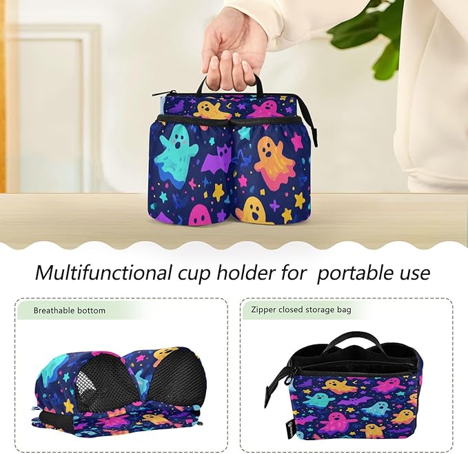 Luggage Cup Holder for Suitcases Free Hands Suitcase Cup Holder Travel Luggage Drink Holder Portable Luggage Cup Caddy Bag Carrier with Handle Neon Halloween Ghosts Stars Bats