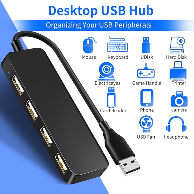 Herfair USB Hub Splitter USB Port Extender 1 to 4 Multiport Adapter Expander for Laptop, MacBook, Computer, Xbox, Console, Flash Drive, HDD, Printer, Camera, Keyboard, Mouse, More