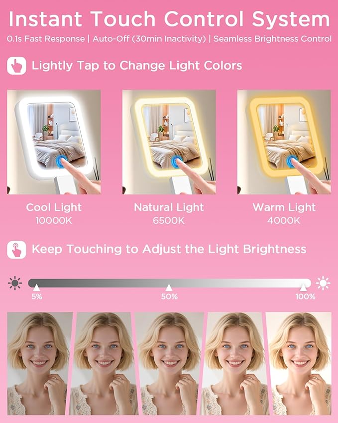 EAONE Magnifying Mirror with LED Light, Double Sided Travel Makeup Mirror 10X/1X with Storage Bag, 3 Color Lighting & Dimmable Touch Screen for Trip, Desk, Bathroom (10.3 x 5.2IN)- Silver