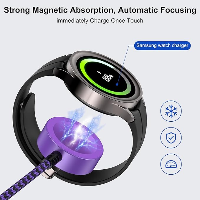 for Samsung Watch Charger Magnetic Fast Charging Cable Compatible Galaxy Watch 8/8 Classic/FE 7 Ultra/6/6 Classic/5 Pro/5/4/3/Active2,5 V 1A USB Fast Charger Adapter with 3FT Wireless Charging Dock