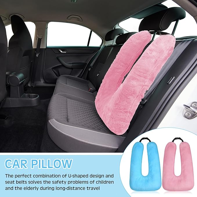 Barydat 2 Pcs Car Travel Pillow for the Back Seat 28 x 18 in Sleeping Reading Pillows for Distance Travel Car Cushion for Kids Adults Head and Body Support U Shaped Pad(Pink, Blue)