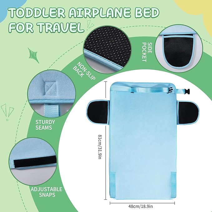 Large Size Light Blue Toddler Airplane Bed, Portable Airplane Seat Extender Travel Bed for Kids, Soft Baby Plane Travel Essentials for Flying, Toddlers Long Flight Must Haves Footrest