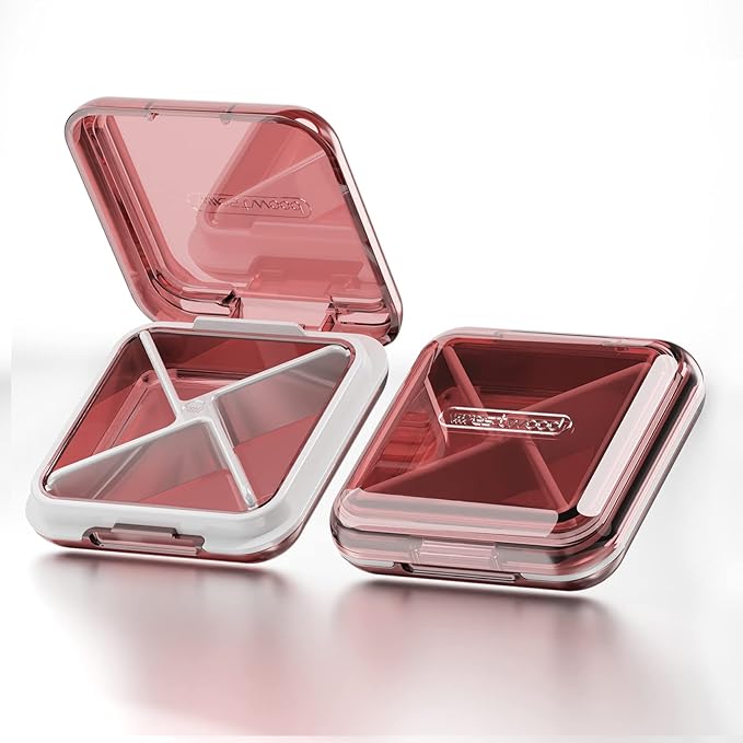 DUBSTAR Small Pill Box for Purse, Moisture Waterproof Travel Pill Case with 4 Compartments, Daily Pill Organizer for Vitamins & Medication (T-red)