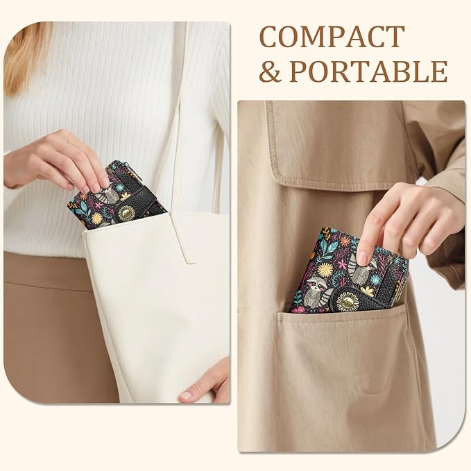 Icycay Raccoon Small Wallet Women RFID Blocking Bifold, Cute Credit Card Holder, Zipper Coin Pocket, PU Leather, Compact, Travel, 4 ID Window, 14 Card Slots, Cash Purse, Ladies Woman Female Girls