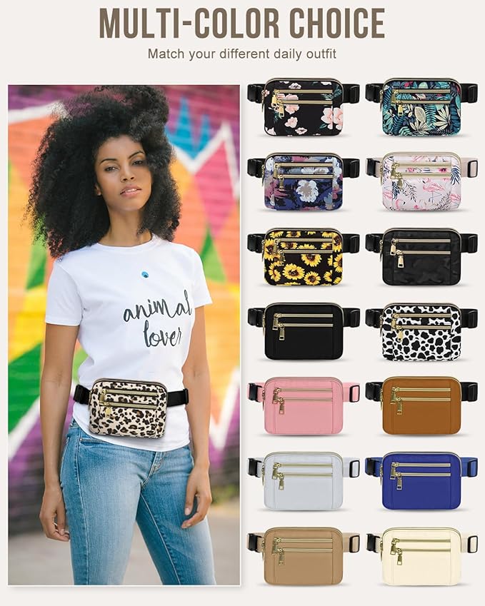 Capolo Fanny Packs for Women Fashion Waist Packs Bag with Adjustable Strap and 4 Zipper Pockets Waterproof Everywhere Crossbody Belt Bag for Workout Running Travelling(Leopard, Large)