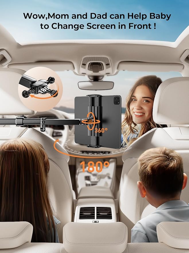 Tryone Headrest Tablet Holder for Car Accessories : [18.11-inch Long Arm] 3-in-1 Backseat Tablet Holder for Kids Road Trip Compatible with iPad Switch Smartphones & Tablets or Other 4.7-13" Devices