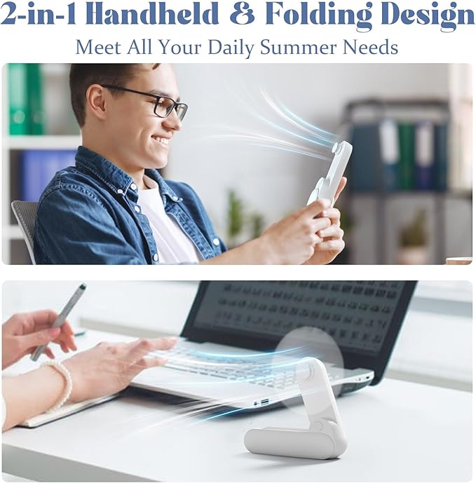 Portable Handheld Fan, 2 IN 1 Mini Hand Fan, Battery Operated [8-15 Working Hours], USB Rechargeable Personal Foldable Fan for Indoor, Small Pocket Fans Travel Essentials for Outdoor (White)