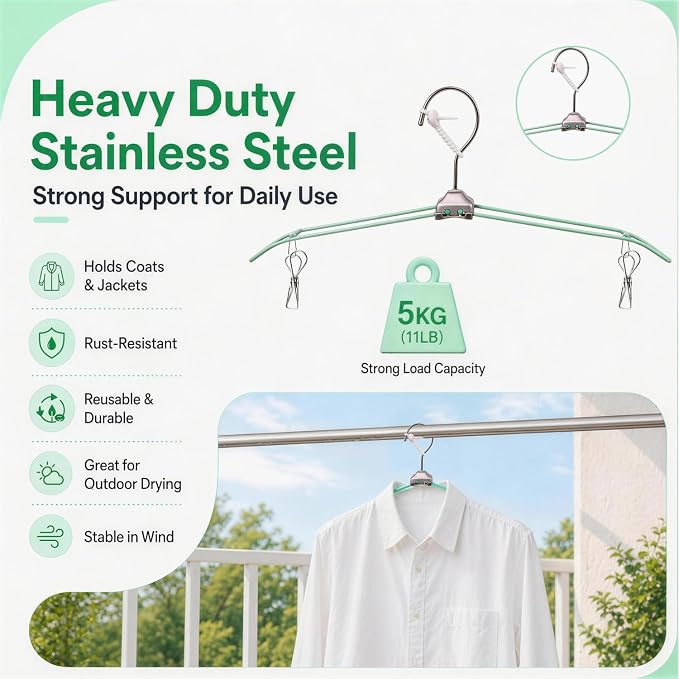 5 Pack Green Travel Hangers with Clips, Portable Stainless Steel Folding Clothes Hangers with Windproof Hook, Heavy Duty Non-Slip Space Saving Hangers for Cruise Essentials, Camping, Hotel