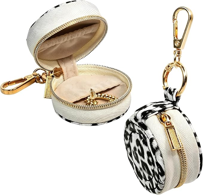 Portable Ring Keychain Holder for Gym and Travel - Jewelry Holder for Sports Bag, Compact Ring Earring Necklace Storage Case (White leopard print)