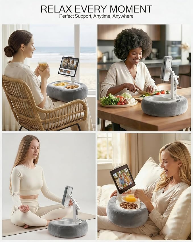Tablet Pillow Stand, Compatible with 5"-12.9" Kindle, iPad, Phone/Tablet, Google, Samsung, 360° Rotating Phone Holder for Bed, Soft Plush Fabric, Detachable Bowl, Reading and Relaxation on Bed, Gray