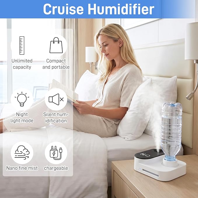Cruise Humidifier Portable Humidifier for Travel – Whisper-Quiet Mini Humidifier Travel Humidifier for Cruise, Office or Car with Night Light, Auto-Off & 2 Mist Modes Water Bottle Humidifier