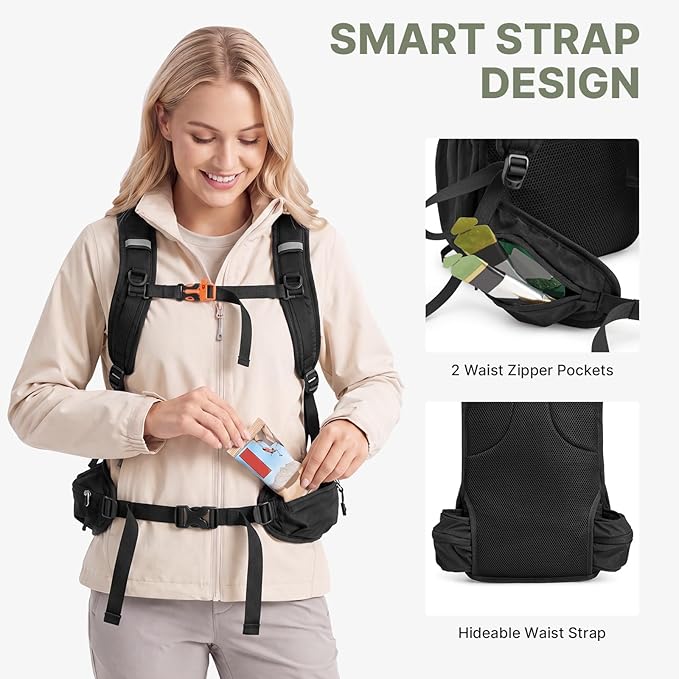 G4Free 20L Hiking Backpack with Waist Strap for Women Men, Lightweight Waterproof Daypack for Travel Camping Outdoor, Black