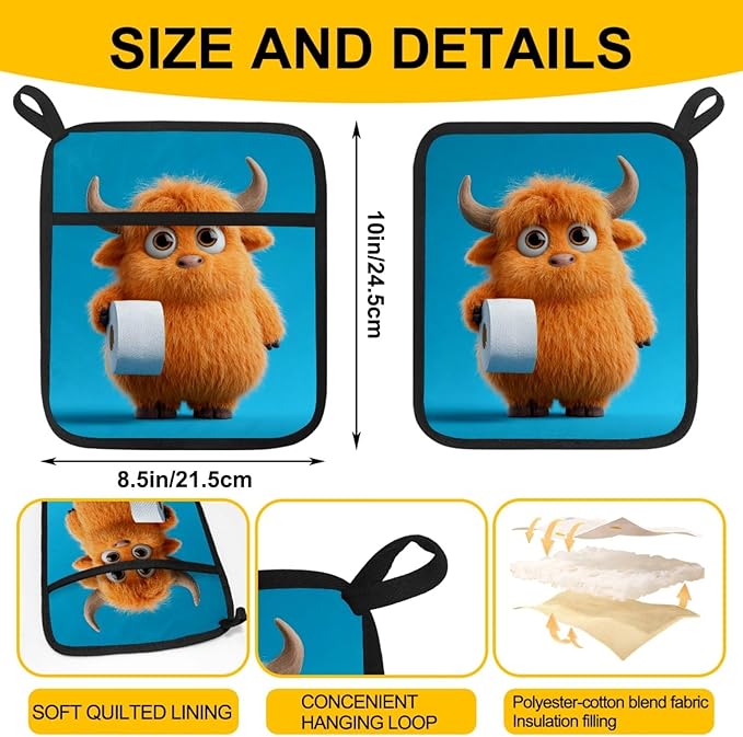 Modern Blue and Cute Highland Cows Pot Holders with Pockets 2 PCS, Heat Resistant Oven Mitts Hot Pads for Kitchen Baking Cooking, Square Thick Pot Holders Kitchen Hot Potholders, 8.5x10 Inches