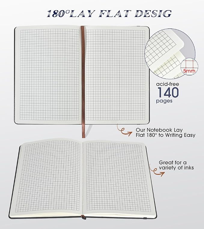 Biuwory Graph Paper Notebook Journal for Women Men,140 Pages Hardcover Grid Notebooks for Work & School,Leather Journals for Writing, Graphing Paper Notebook 5.7"×8.3" (Black)