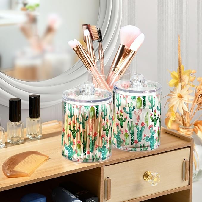 2 Pack Qtip Holder Organizer Dispenser Cactus on White Background Bathroom Storage Canister Cotton Ball Holder Container for Cotton Pads/Swabs/Floss