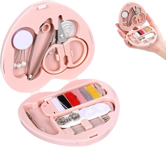 OLLBIT Heart Shaped Travel Sewing Kit Mini,Pink Portable Travel Sewing Repair Kit,DIY Sewings Box with Scissors Pins Marking Pins Thread Tweezers Needles Buttons Threading Needle(1 Pcs(Pink Heart))