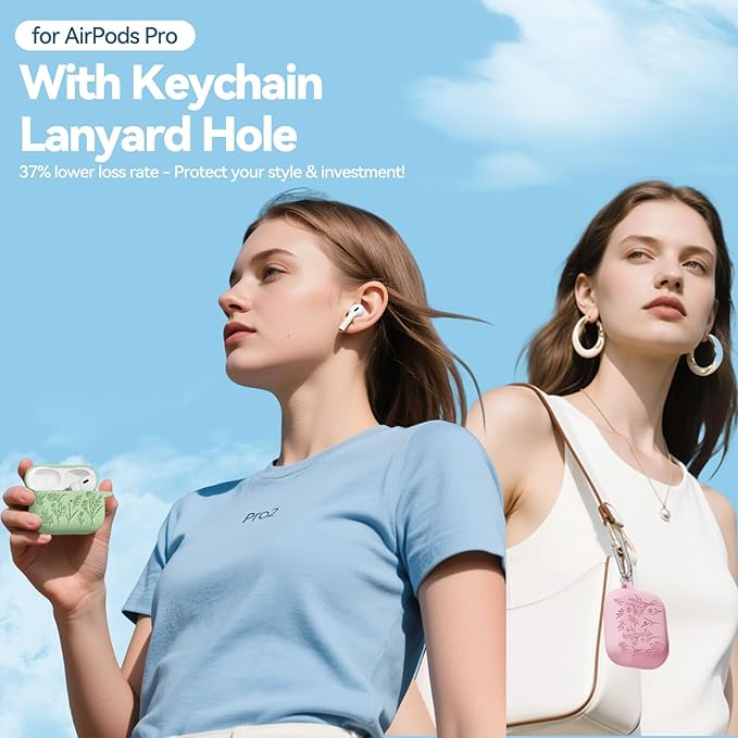 for AirPods Pro 2 Case with Magnetic Lid, Ekoonpft Flower Engraved Silicone Case for Apple AirPods Pro 2nd/1st Generation (2023/2022/2019) Cover with Cleaning Kit & Keychain