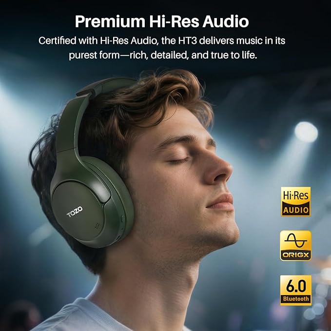 TOZO HT3 Hybrid Noise Cancelling Headphones, 90H Battery Life Wireless Over Ear Bluetooth 6.0 Foldable Headset, AI Voice Assistant with 5 Mics, Connect 2 Devices and Hi-Res Sound, 32 EQ Audio Presets