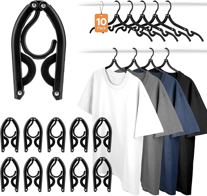 HOUSE DAY 10 Pack Travel Hangers, Cruise Essentials 2026, Black Portable Collapsible Clothes Hangers Space Saving, Lightweight Foldable Garment Organizer for Hotel, RV, Dorm, Camping