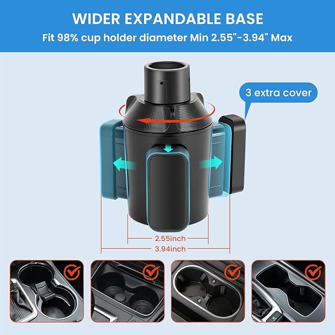 Cup Holder Expander for Car with Adjustable Holder & Base, Compatible with 10-64oz Yeti Ramblers, Hydro Flask, Nalgene, Stanley, Hold 2.9"-5.5" Large Bottles Mugs Food Drink, Car Cup Holder (2 pcs)
