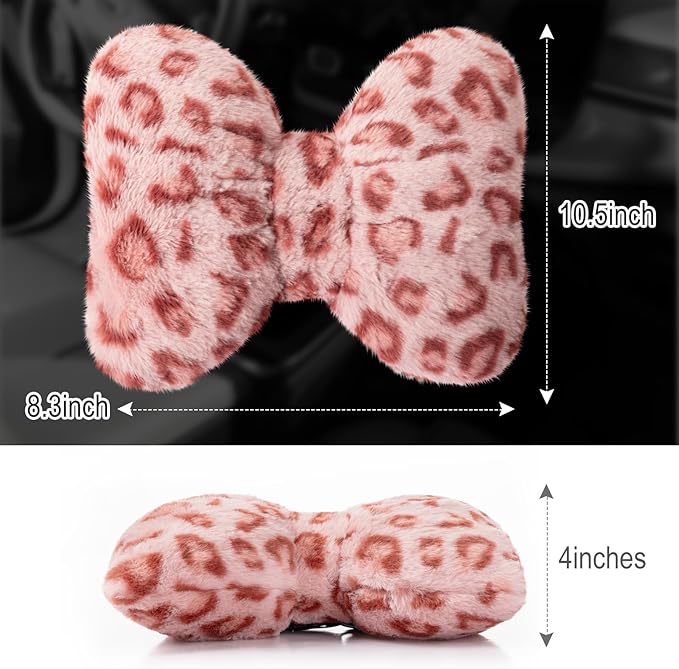 Macarrie 2 Pcs Car Neck Pillow Velvet Bow Headrest Pillow Soft Comfortable Seat Neck Support Cute Bow Car Accessories for Driving Travel Driver Chair Girl Style Interior Decor (Pink Leopard)