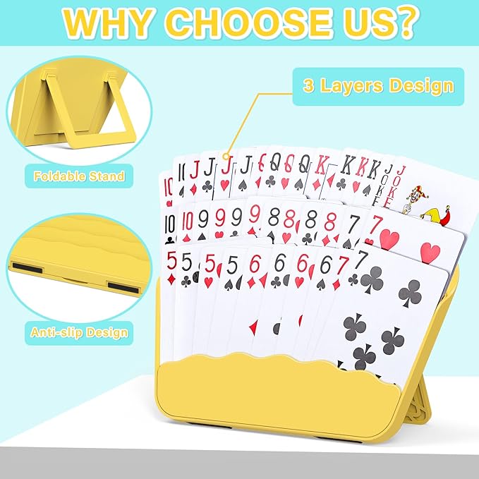 Tenyond Card Holders for Playing Cards - 2 Pack Playing Card Holder w/Foldable Stand for Stocking Stuffer, Travel Game, for Senior, Little or Arthritis Hand, UNO, Poker, or Holiday Game Night, Yellow