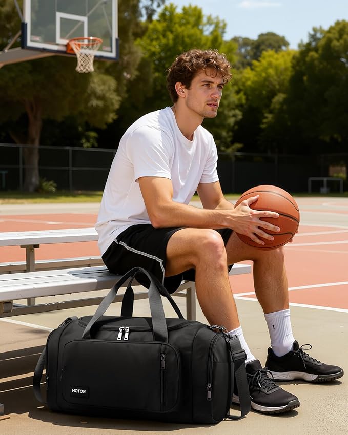 HOTOR Gym Bags for Men & Women - Spacious Duffle Bag with Shoe Compartment & Wet Pocket, Carry On Weekender Bag Portable Sports Duffel Bag for Workout, Fitness, Travel, Black, 20.5" x 11.0" x 10.6"