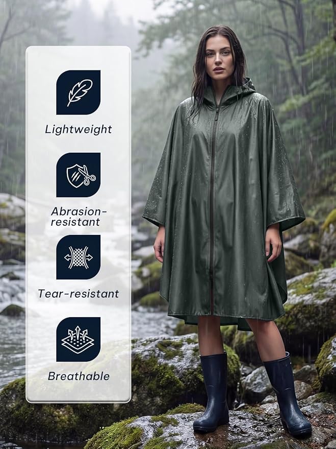 SaphiRose Lightweight Waterproof Rain Poncho for Adults with Hood Portable Rainwear for Outdoor
