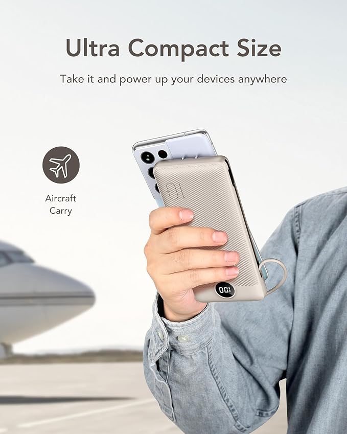 VEGER Portable Charger with Built-in AC Plug and Cables, All in One 10000mAh Ultra Slim Power Bank Emergency Fast Charging for Travel Battery Pack Compatible with iPhone, Samsung, Android, Coffee