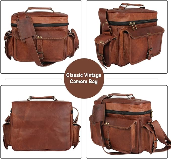 Leather Messenger Bag for Camera - Vintage Shoulder Satchel Camera Bag for DSLR, Canon, Nikon, Fuji Cameras - Travel, Portable Photography Bag