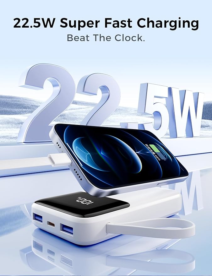 HELLEE Power Bank, 15000mAh Portable Charger with Built in Cable, 22.5W Fast Charging, 6 Outputs, Slim Travel Essential Battery Pack with LED Display, Compatible with iPhone 17/16/15/14/13, iPad White