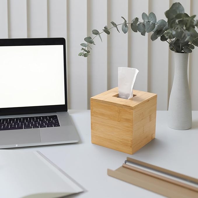 Bamboo Tissue Box Cover, Square Wood Tissue Box Holder, Wooden Facial Paper Holder for Bathroom, Bedroom, Dinner Table, Office (2 Pack, 5.7 x 5.7 x 5.7 inch)