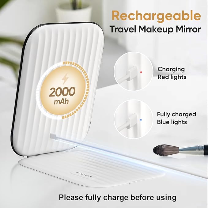 FUNTOUCH Rechargeable Travel Makeup Mirror with Lights, Light up Portable Vanity Mirror with 80 LEDs,2000mAh Battery,Brightness Adjustable,3 Lighting, Dimming Compact Mirror