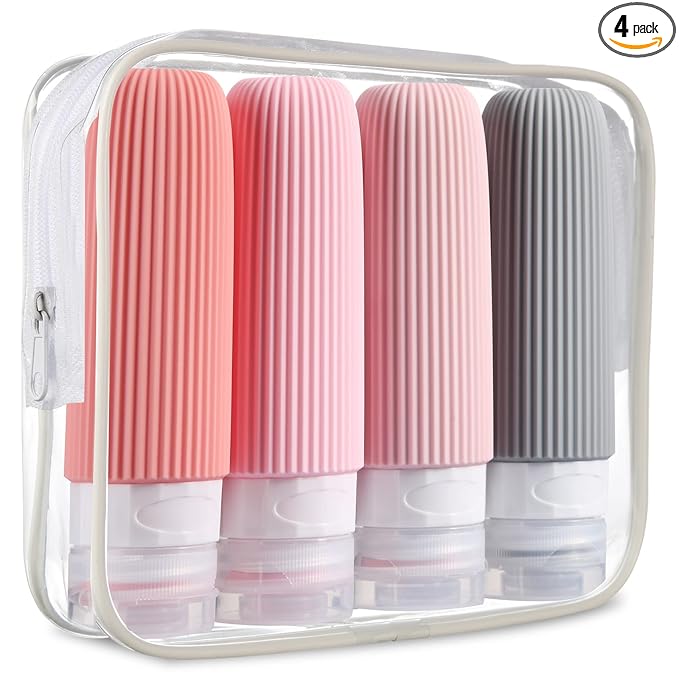 Mrsdry Travel Bottles for Toiletries, Tsa Approved 3oz Portable Travel Bottles, BPA Free Leak Proof Squeezable Silicone Travel Size Containers, Travel Accessories with Clear Toiletry Bag (4 Pack)