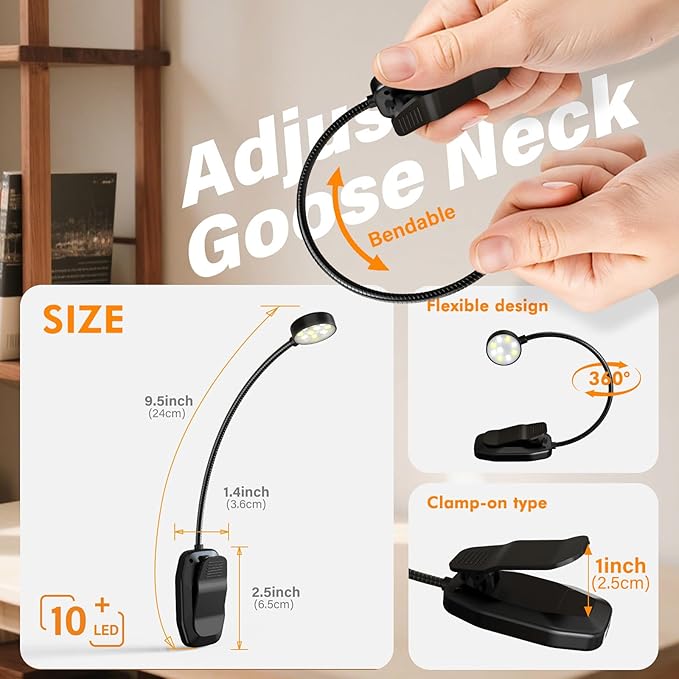 KTEBO 2 Pack 10 LED Rechargeable Book Light for Reading in Bed - Eye Caring 3 Color Temperatures, 3 Adjustable Brightness, Long Runtime Small Lightweight Clip On Book Reading Light for Studying