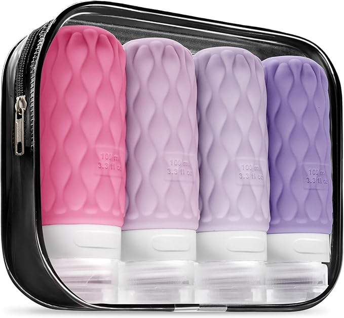 100 ml Silicone Travel Bottles for Toiletries with Labels/Clear Bag, Holiday Travel Essentials Leakproof Refillable Squeeze Travel Size Containers Set for Shampoo and Conditioner