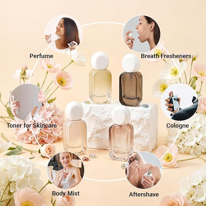 Segbeauty 1oz Fine Mist Glass Spray Bottle Dispenser with Pump, 4pcs Refillable Empty Travel Size Perfume Bottle with Round Cap, 30ml Mini Travel Liquids Cologne Container for Toiletries, Mixed Color