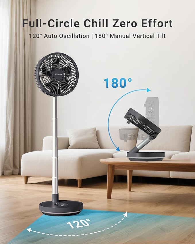Primevolve 10000mAh Rechargeable Portable Oscillating Fan, 10" Battery Operated Pedestal Fan for Bedroom, Remote, 8 Speeds, Timer & LED Light, Adjustable Height, Outdoor Travel Camping (Dark Gray)