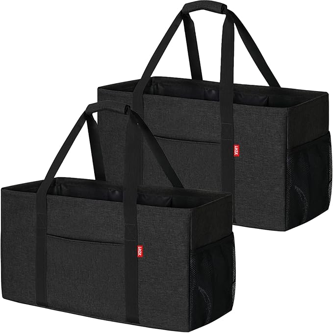 LHZK 2 Pack Extra Large Utility Tote Bag with Metal Wire Frame and the Sides Rinforced, Extra Large Tote Bag with Handle for Pool Beach Laundry Storage (Black)