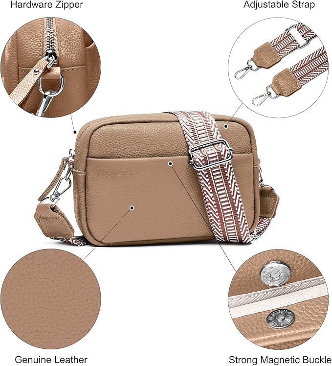 Small Crossbody Bags for Women Genuine Leather, Guitar Strap Shoulder Handbag Purse Camera Bag with Rfid Card Slots, Nude