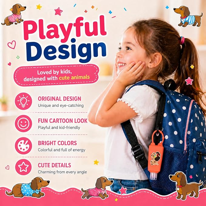 5-Pack Cartoon Kids Hand Sanitizer Holder, 30ml Travel Size Refillable Bottles with Silicone Case, Leak-Proof Portable Containers for Lotion & Liquid Soap (Cool Pup)