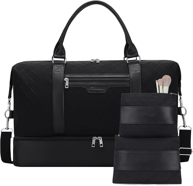 Oeihuivt Weekender Bags for Women - 21 Inch Large Travel Duffel Bag 2-Piece Set with Shoe Compartment, Heavy-Duty Canvas Leather Carry On Overnight Tote