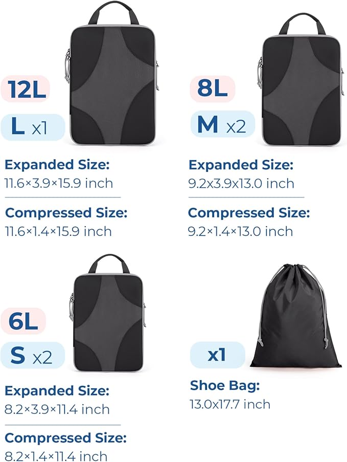 BAGSMART Compression Packing Cubes for Travel, 6 Set/14 Set Compressible Luggage Organizer for Cruise Ship, Lightweight Travel Essentials (1L+2M+2S+Shoe bag+Drawstring bag+Toiletry bag+6Plastic bags)
